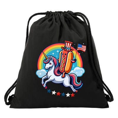 Patriotic Hotdog Riding Unicorn 4th Of July American Flag Drawstring Bag