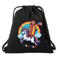 Patriotic Hotdog Riding Unicorn 4th Of July American Flag Drawstring Bag