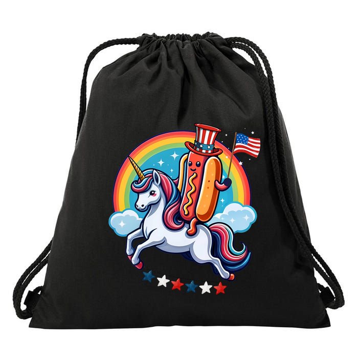 Patriotic Hotdog Riding Unicorn 4th Of July American Flag Drawstring Bag