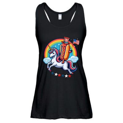 Patriotic Hotdog Riding Unicorn 4th Of July American Flag Ladies Essential Flowy Tank
