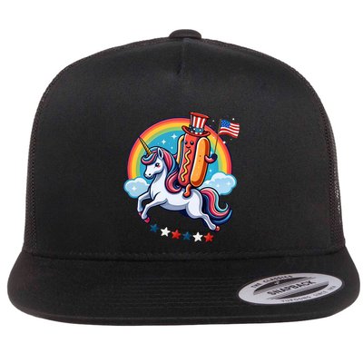 Patriotic Hotdog Riding Unicorn 4th Of July American Flag Flatbill Hat