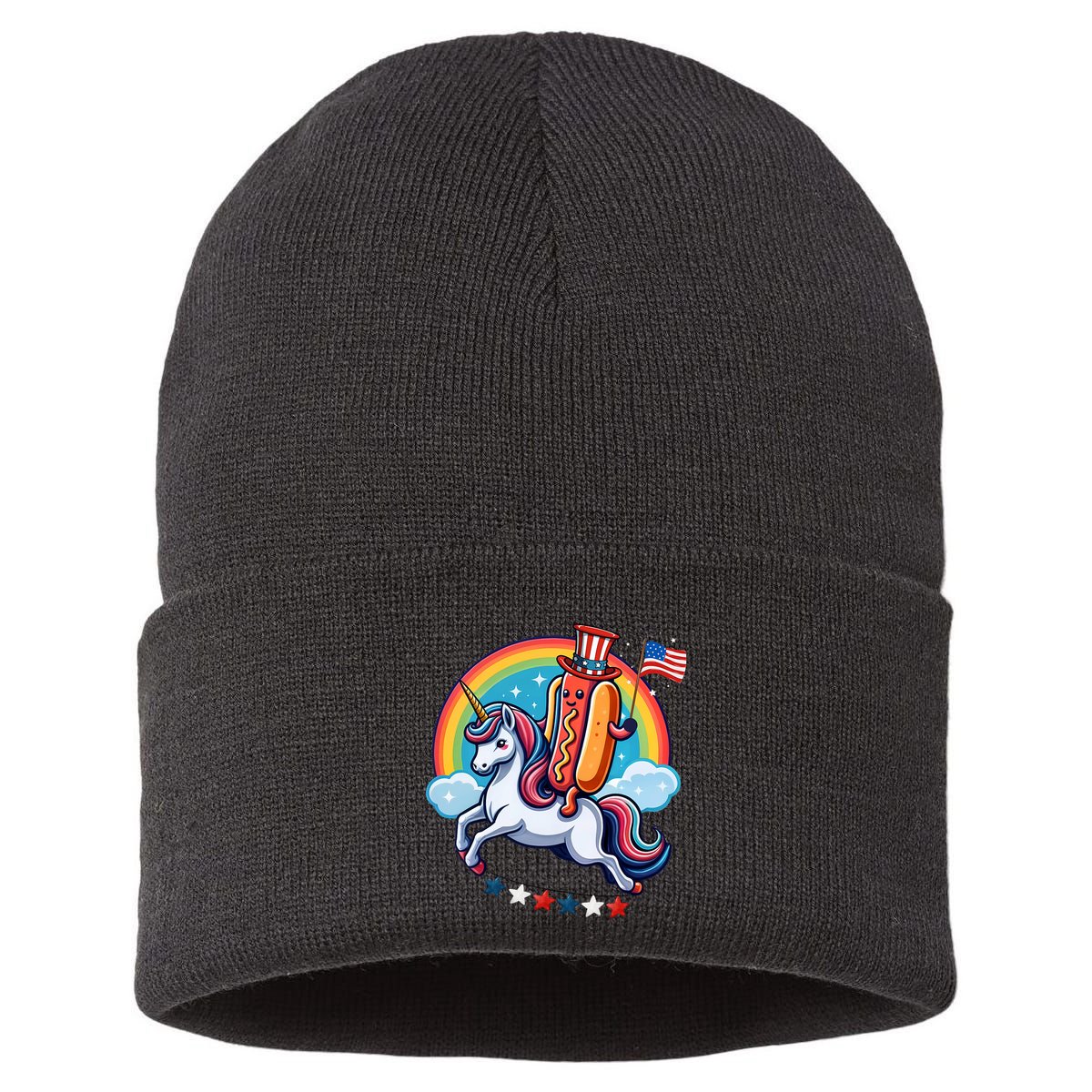 Patriotic Hotdog Riding Unicorn 4th Of July American Flag Sustainable Knit Beanie