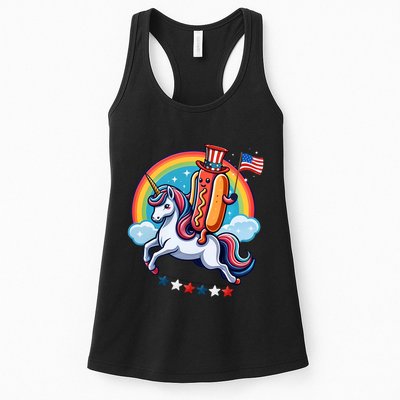 Patriotic Hotdog Riding Unicorn 4th Of July American Flag Womens Tank Top