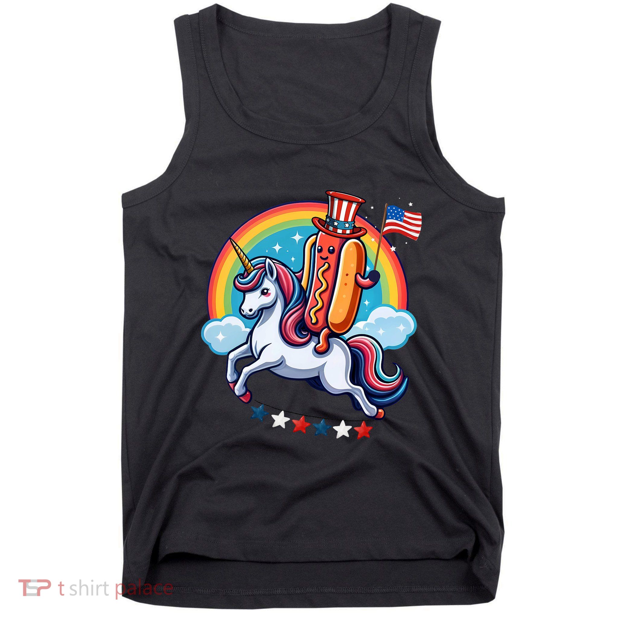 Patriotic Hotdog Riding Unicorn 4th Of July American Flag Tank Top