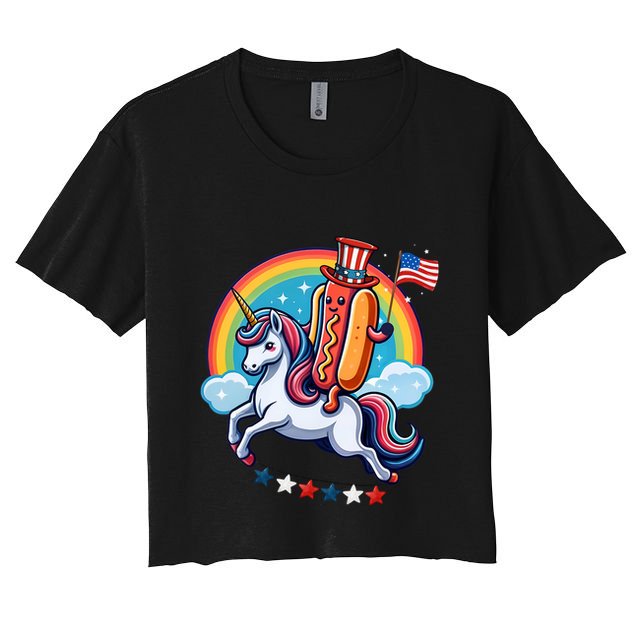 Patriotic Hotdog Riding Unicorn 4th Of July American Flag Crop Top