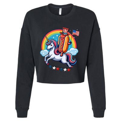 Patriotic Hotdog Riding Unicorn 4th Of July American Flag Cropped Pullover Crew