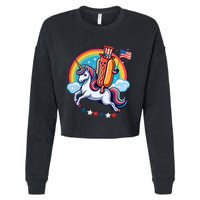 Patriotic Hotdog Riding Unicorn 4th Of July American Flag Cropped Pullover Crew