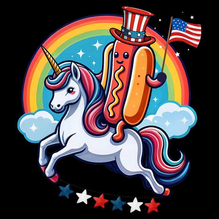 Patriotic Hotdog Riding Unicorn 4th Of July American Flag Cropped Pullover Crew
