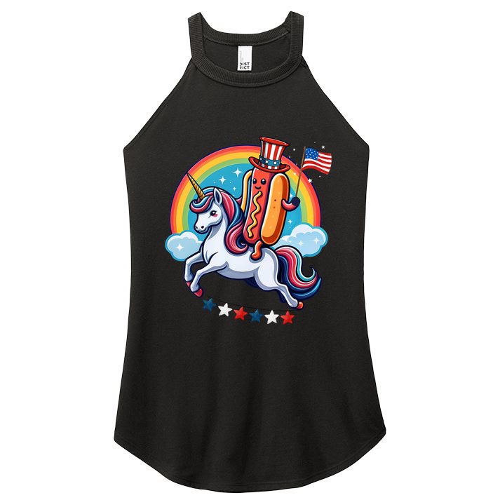 Patriotic Hotdog Riding Unicorn 4th Of July American Flag Women's Perfect Tri Rocker Tank