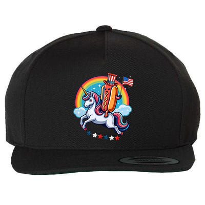 Patriotic Hotdog Riding Unicorn 4th Of July American Flag Wool Snapback Cap