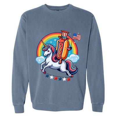 Patriotic Hotdog Riding Unicorn 4th Of July American Flag Garment-Dyed Sweatshirt