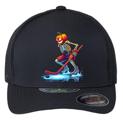 Pumpkin Hockey Skeleton Ice Hockey Halloween Funny Gift Flexfit Unipanel Trucker Cap