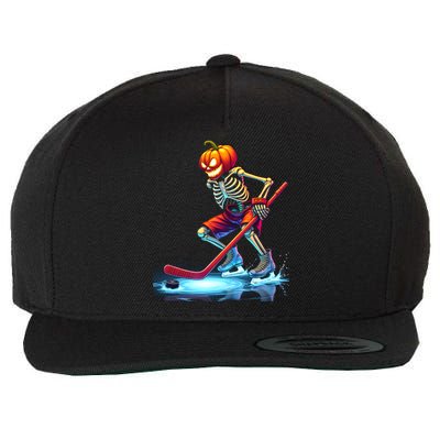 Pumpkin Hockey Skeleton Ice Hockey Halloween Funny Gift Wool Snapback Cap