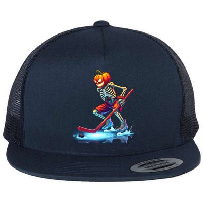 Pumpkin Hockey Skeleton Ice Hockey Halloween Funny Gift Flat Bill Trucker Hat