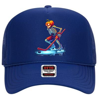 Pumpkin Hockey Skeleton Ice Hockey Halloween Funny Gift High Crown Mesh Back Trucker Hat