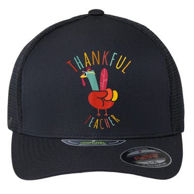 Peace Hand Sign Turkey Funny Thankful Teacher Thanksgiving Flexfit Unipanel Trucker Cap