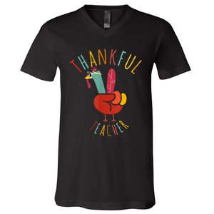 Peace Hand Sign Turkey Funny Thankful Teacher Thanksgiving V-Neck T-Shirt