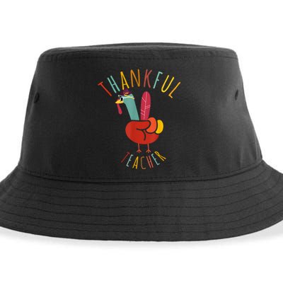 Peace Hand Sign Turkey Funny Thankful Teacher Thanksgiving Sustainable Bucket Hat