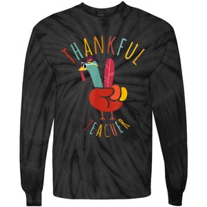 Peace Hand Sign Turkey Funny Thankful Teacher Thanksgiving Tie-Dye Long Sleeve Shirt