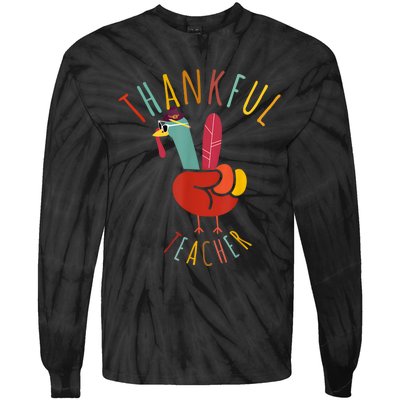 Peace Hand Sign Turkey Funny Thankful Teacher Thanksgiving Tie-Dye Long Sleeve Shirt