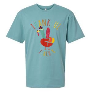 Peace Hand Sign Turkey Funny Thankful Teacher Thanksgiving Sueded Cloud Jersey T-Shirt