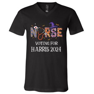 Political Halloween Spooky Nurse Voting For Harris 2024 V-Neck T-Shirt