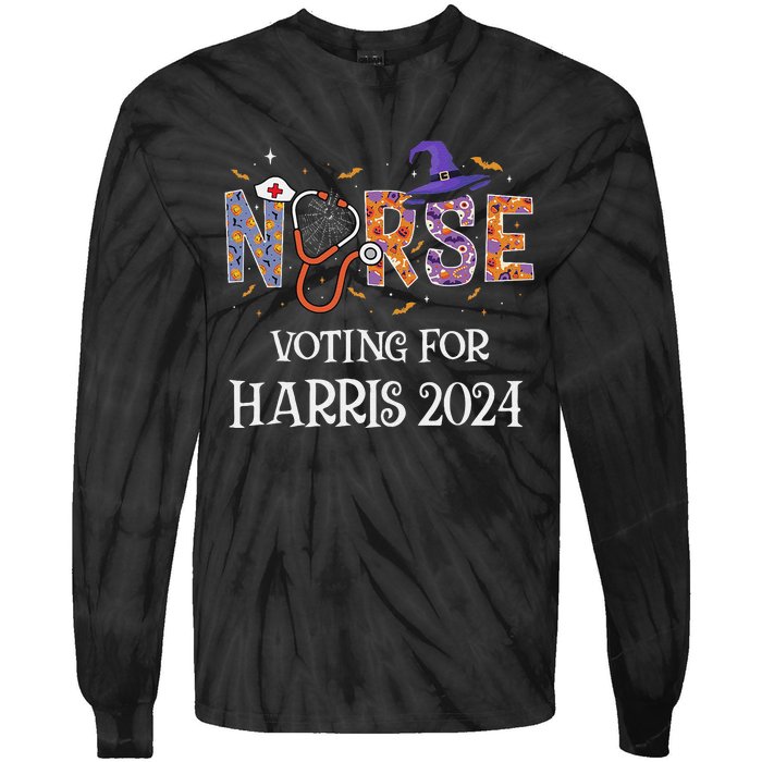 Political Halloween Spooky Nurse Voting For Harris 2024 Tie-Dye Long Sleeve Shirt