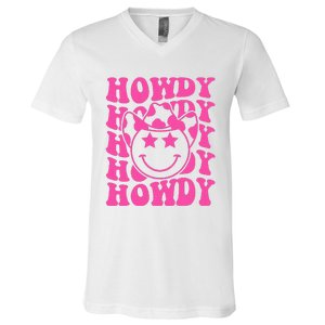 Pink Howdy Smile Face Rodeo Western Country Southern Cowgirl V-Neck T-Shirt