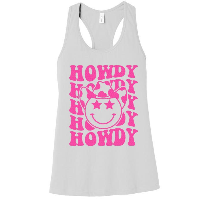 Pink Howdy Smile Face Rodeo Western Country Southern Cowgirl Women's Racerback Tank