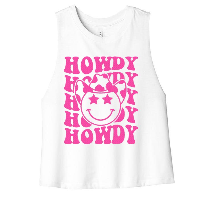 Pink Howdy Smile Face Rodeo Western Country Southern Cowgirl Women's Racerback Cropped Tank