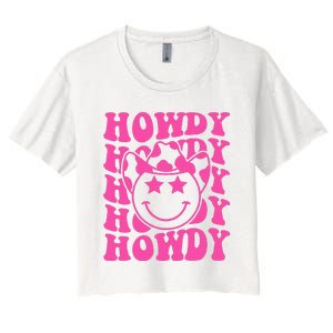 Pink Howdy Smile Face Rodeo Western Country Southern Cowgirl Women's Crop Top Tee