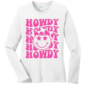 Pink Howdy Smile Face Rodeo Western Country Southern Cowgirl Ladies Long Sleeve Shirt