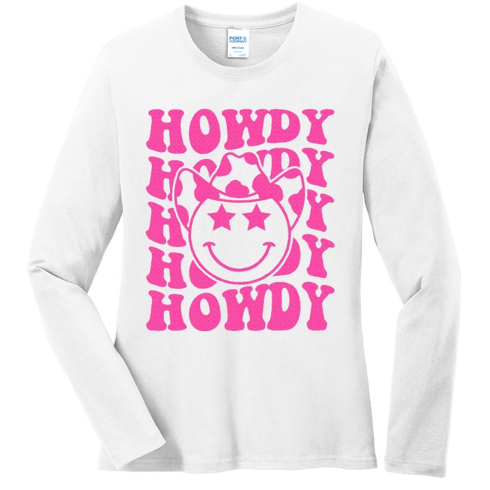 Pink Howdy Smile Face Rodeo Western Country Southern Cowgirl Ladies Long Sleeve Shirt