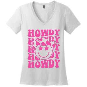 Pink Howdy Smile Face Rodeo Western Country Southern Cowgirl Women's V-Neck T-Shirt