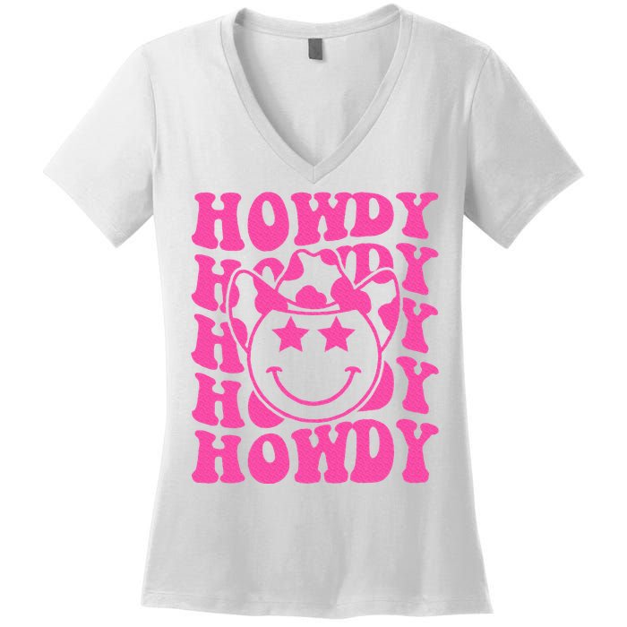 Pink Howdy Smile Face Rodeo Western Country Southern Cowgirl Women's V-Neck T-Shirt