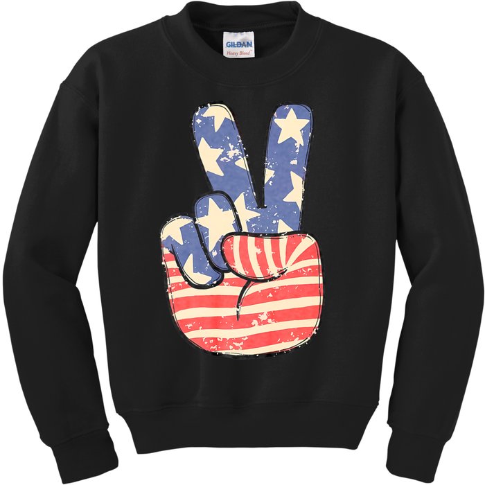 Peace Hand Sign 4th Of July American Flag Independence Kids Sweatshirt