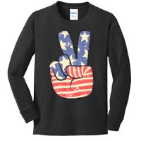 Peace Hand Sign 4th Of July American Flag Independence Kids Long Sleeve Shirt