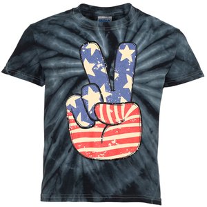 Peace Hand Sign 4th Of July American Flag Independence Kids Tie-Dye T-Shirt