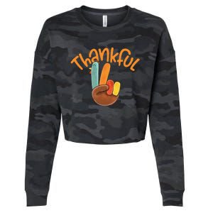 Peace Hand Sign Thankful Turkey Thanksgiving Cropped Pullover Crew