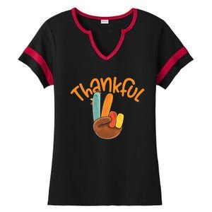 Peace Hand Sign Thankful Turkey Thanksgiving Ladies Halftime Notch Neck Tee