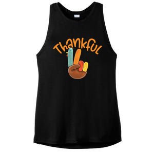 Peace Hand Sign Thankful Turkey Thanksgiving Ladies PosiCharge Tri-Blend Wicking Tank