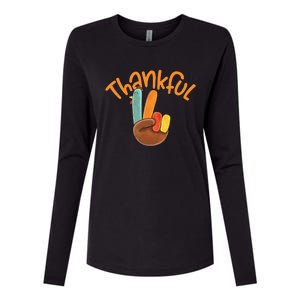 Peace Hand Sign Thankful Turkey Thanksgiving Womens Cotton Relaxed Long Sleeve T-Shirt