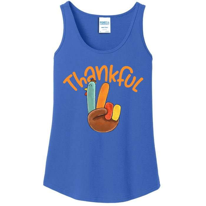 Peace Hand Sign Thankful Turkey Thanksgiving Ladies Essential Tank