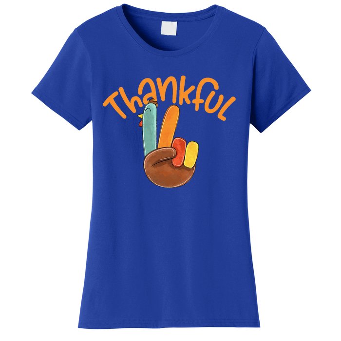 Peace Hand Sign Thankful Turkey Thanksgiving Women's T-Shirt