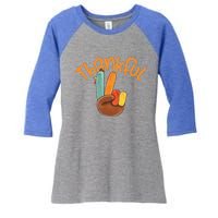 Peace Hand Sign Thankful Turkey Thanksgiving Women's Tri-Blend 3/4-Sleeve Raglan Shirt