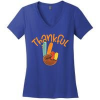 Peace Hand Sign Thankful Turkey Thanksgiving Women's V-Neck T-Shirt