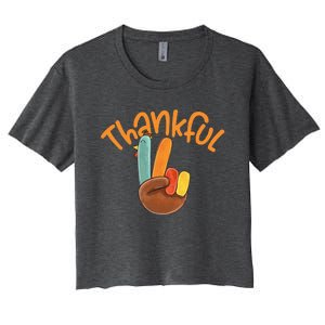 Peace Hand Sign Thankful Turkey Thanksgiving Women's Crop Top Tee