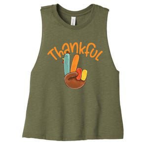 Peace Hand Sign Thankful Turkey Thanksgiving Women's Racerback Cropped Tank