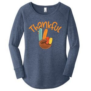 Peace Hand Sign Thankful Turkey Thanksgiving Women's Perfect Tri Tunic Long Sleeve Shirt