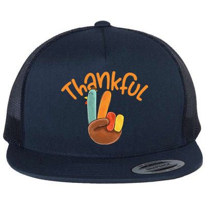 Peace Hand Sign Thankful Turkey Thanksgiving Flat Bill Trucker Hat